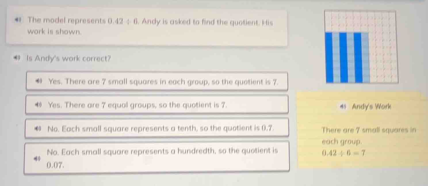 40 the model represents $0.42 \\div 6$. andy is asked to find the quoti…