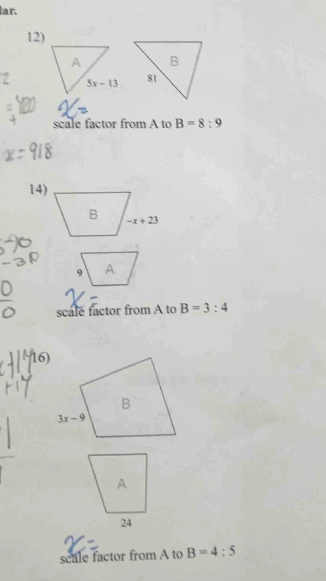 12) scale factor from a to b = 8 : 9 14) scale factor from a to b = 3 :…