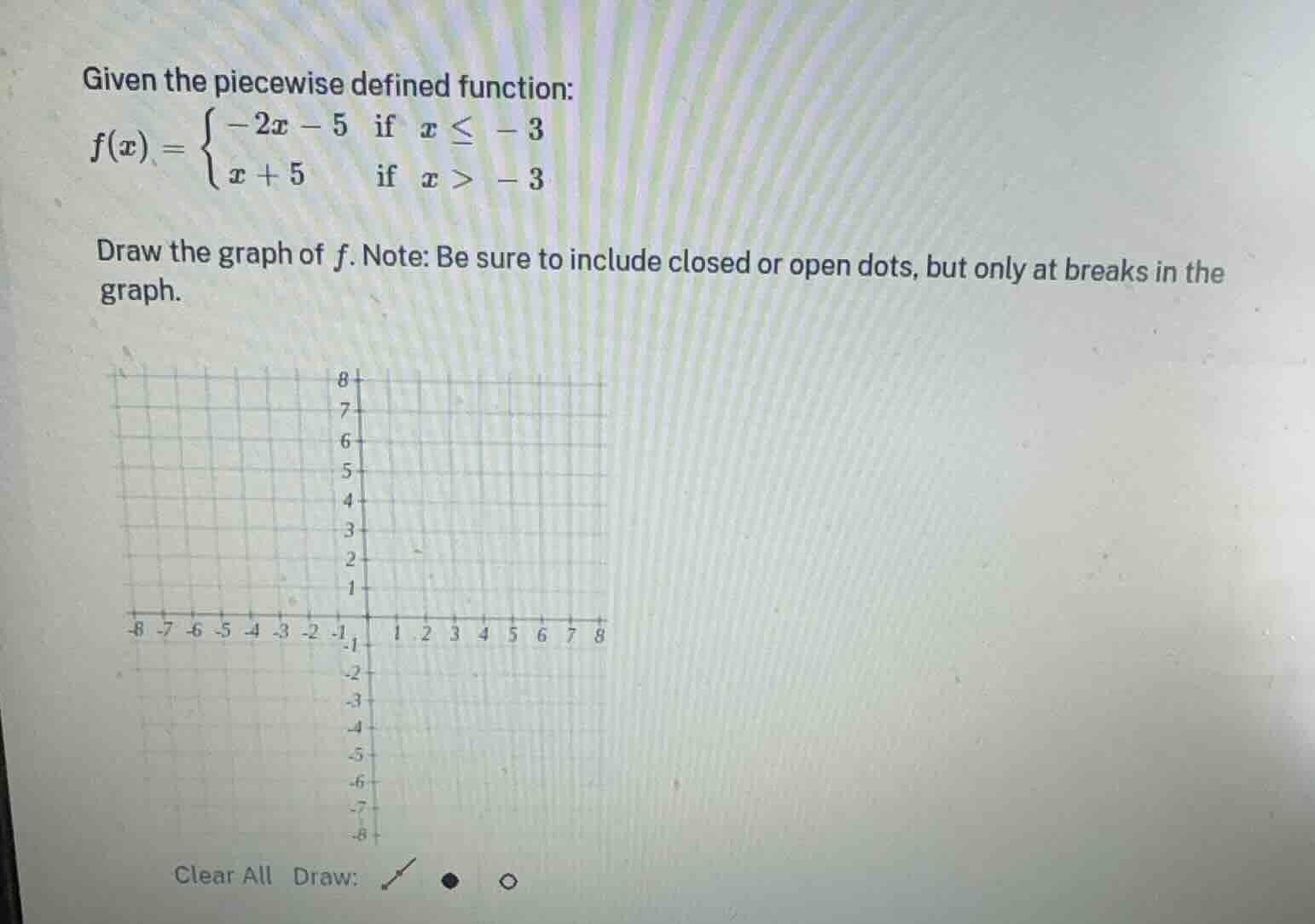 given the piecewise defined function:$f(x)=\begin{cases}-2x - 5 & \text…